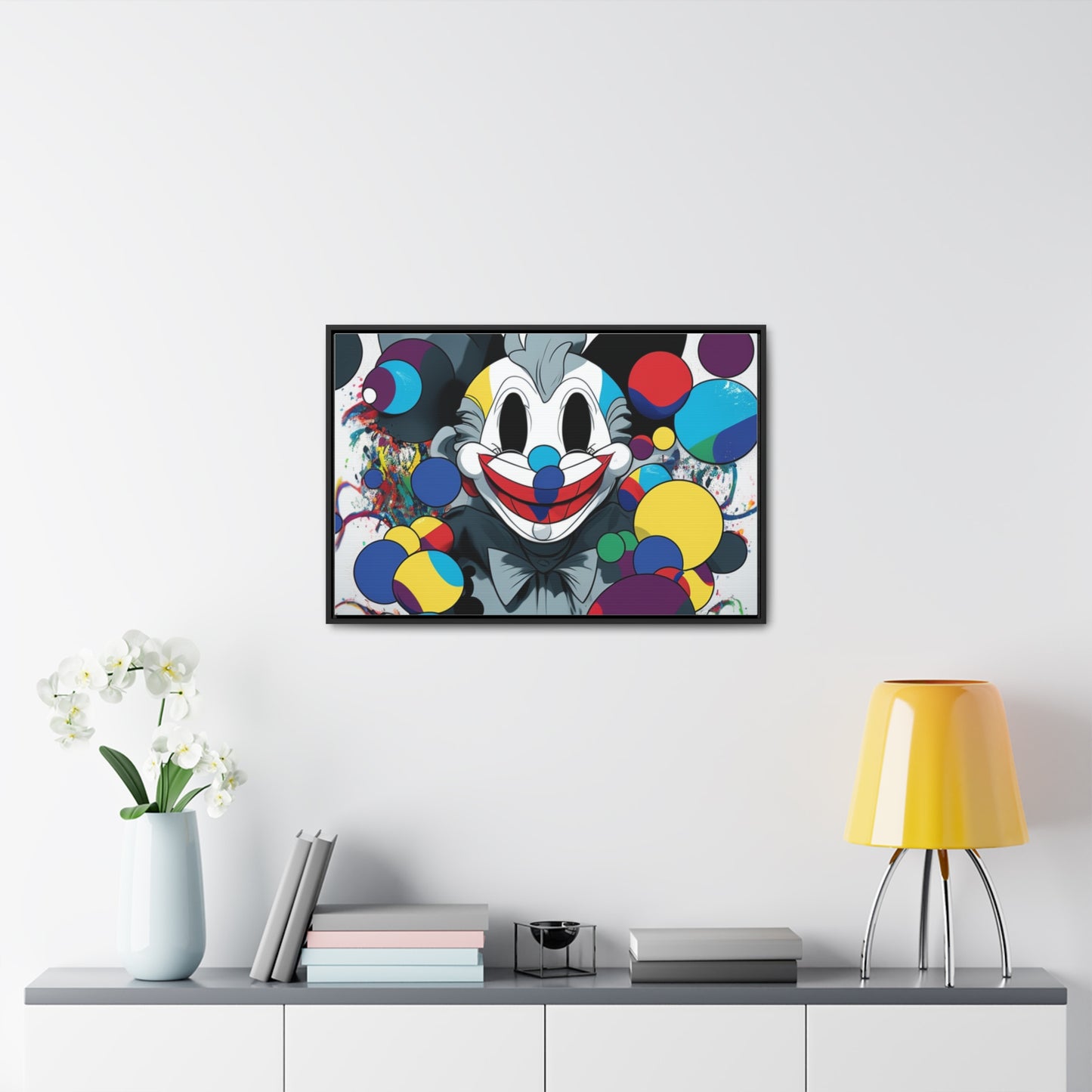 Clown's Colorful Carnival: Framed Canvas Art