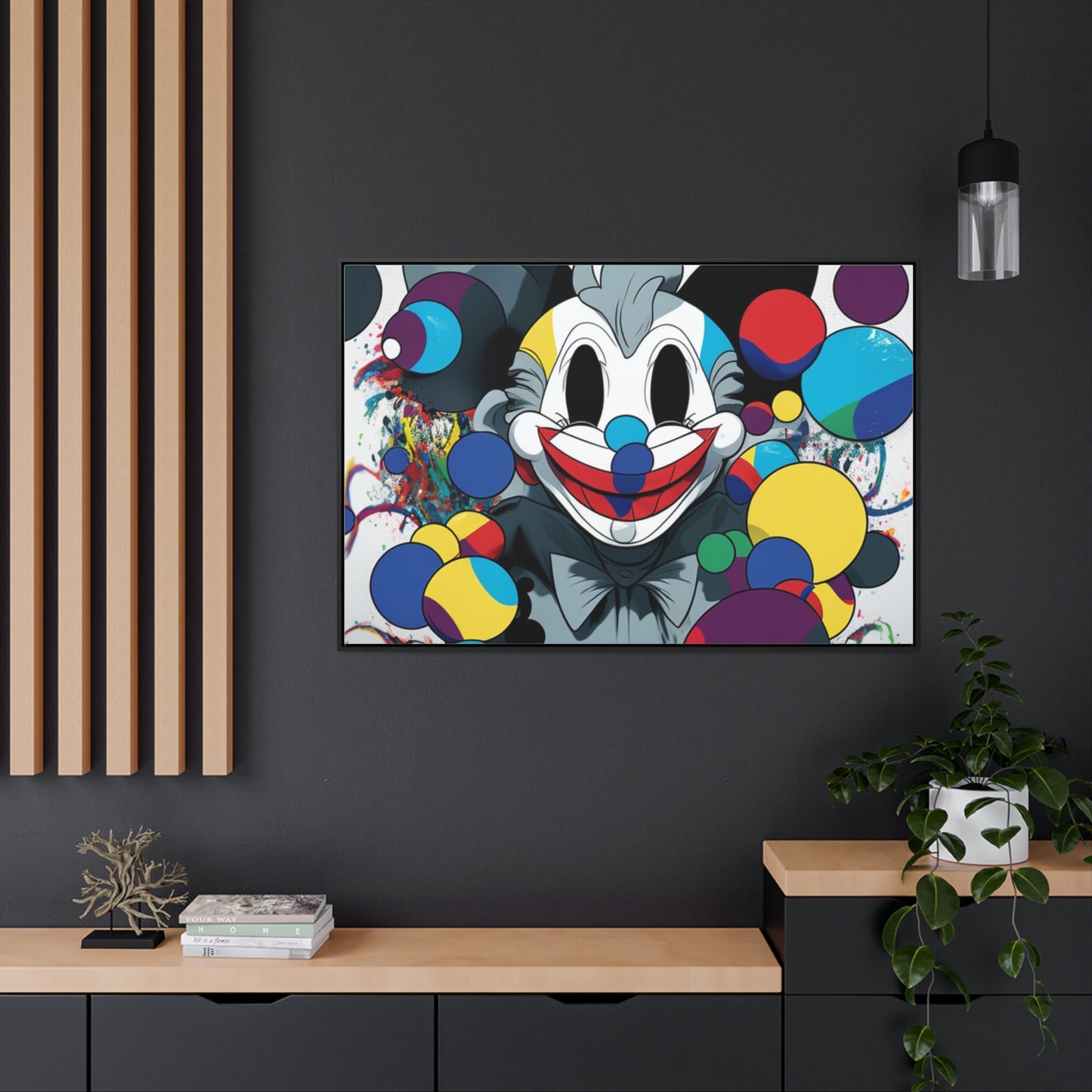 Clown's Colorful Carnival: Framed Canvas Art