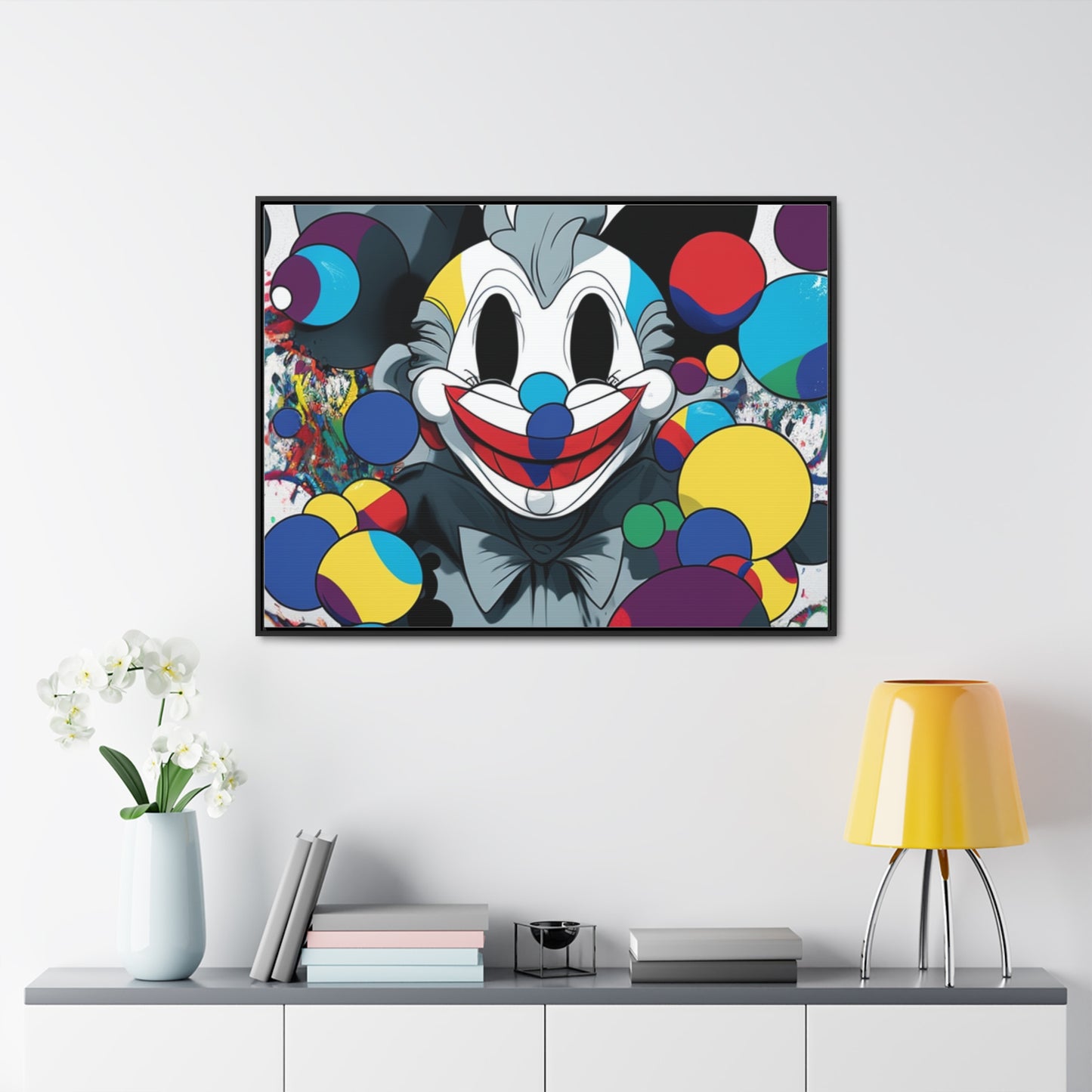 Clown's Colorful Carnival: Framed Canvas Art