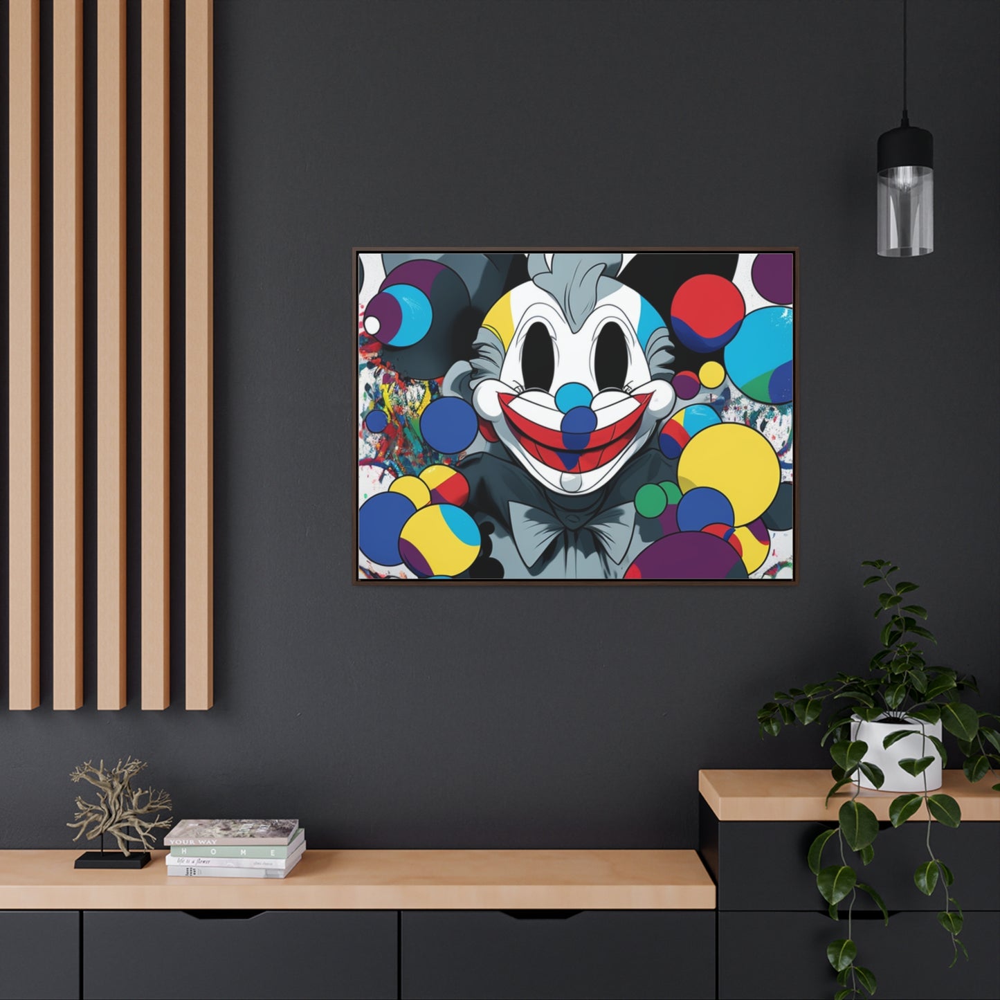 Clown's Colorful Carnival: Framed Canvas Art