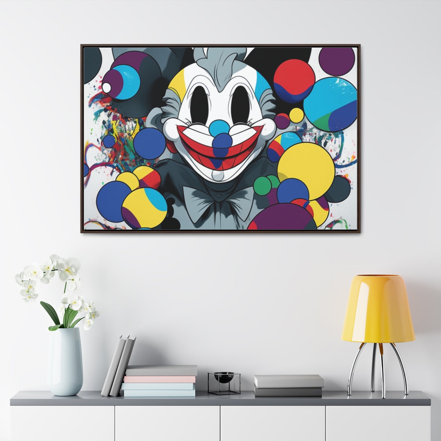 Clown's Colorful Carnival: Framed Canvas Art