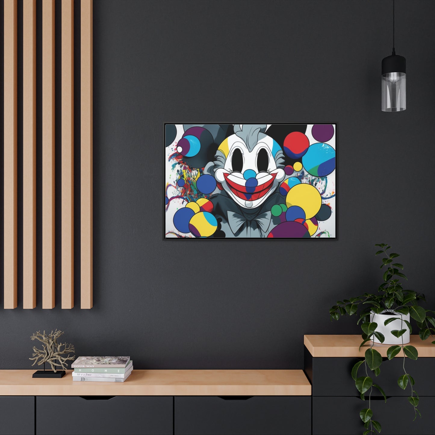 Clown's Colorful Carnival: Framed Canvas Art